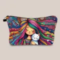 Vibrant cartoon girl and cat illustration printed travel makeup bag with secure zipper closure - Cartoon Girl And White Cat (hzb1492)