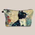Detailed view of an artistic black and white cat print cosmetic bag with flowers - Colorful Floral B&W Cat (hzb1490)