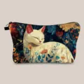 Artistic cosmetic bag with cute white cat and floral illustration print - Blue Flowers White Cat (hzb1489)