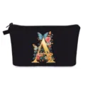 Trousse à cosmétiques noire avec imprimé floral vintage doré et lettre A papillon - Style A