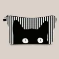 Macro view of the cute black cat silhouette print on the striped fabric cosmetic bag - Black White Stripes Cat Silhouette (hzb1356)