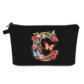 Trousse de maquillage noire avec lettre C florale, motifs fleurs et papillons - Style C