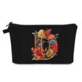 Trousse à maquillage noire avec imprimé floral vintage lettre D et fermeture éclair - Style D
