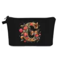Borsa da toilette nera con stampa artistica della lettera C floreale e bella farfalla - Stile G
