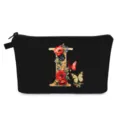 Borsa da trucco nera portatile con lettera L dorata floreale e farfalle decorative - Stile I