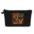 Borsa da trucco nera con stampa floreale vintage lettera J e farfalle colorate. - Stile J