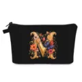 Borsa da trucco nera con lettera M dorata floreale e chiusura a zip - Stile M