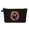 Borsa cosmetica nera portatile con stampa a ghirlanda floreale e farfalle per viaggi - Stile O