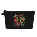 Borsa da trucco nera con elegante stampa di fiori e farfalle della lettera R - Stile R
