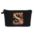 Borsa da trucco nera portatile con elegante stampa floreale dell'alfabeto S da viaggio - Stile S
