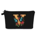 Borsa cosmetica nera da viaggio con lettera V dorata, farfalle e stampa di rose rosse - Stile V