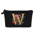 Pochette trucchi nera con elegante stampa lettera W floreale dorata e farfalla - Stile W