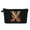 Elegante borsa da trucco nera in tela con stampa floreale dorata lettera X e farfalle - Stile X