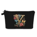 Borsa da trucco portatile nera con stampa floreale della lettera Y e cerniera sicura - Stile Y