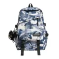 Schulrucksack mit blauem Camouflage-Graffiti-Print und niedlichem Plüschkatzen-Anhänger - Graffiti-Stil (zccx86231) / Blau