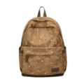 Nahaufnahme eines braunen Vintage-Rucksacks mit Sternenmuster und Leder-Logo-Patch - Braun