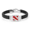 Detailansicht des schwarzen geflochtenen Lederarmbands mit Logo und Metallmittelstück. - Charm-Anhänger / Silber