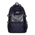 Sac à dos scolaire bleu marine élégant avec imprimé étoiles blanches et poche claire - Noir