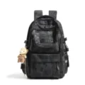 Large capacity black camouflage backpack with cute teddy bear charm for school and laptop - Black
