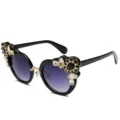 Elegant black oversized sunglasses for women with floral rhinestone and crystal accents - Glossy Black Frame Gradient Grey