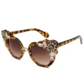 Fashion oversized tortoiseshell sunglasses with floral rhinestone embellishments - Leopard Gradient Brown Lens C5
