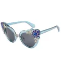Fashion oversized women's sunglasses with elegant blue rhinestone flower decoration - Translucent Blue Frame Grey Lens