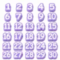Detailed view of purple silicone numbered pencil toppers from 1 to 30, neat grid design. - Numbers 1-30 / Purple