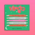 Close-up view of the 5-pack zodiac ballpoint pens set with fun quotes on backing card. - Virgo / 5 Pcs Set
