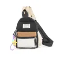 Detailed view of the MARS SOCIETY label and tricolor nylon fabric on this student chest bag - With Charm / S / Black