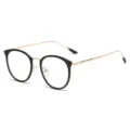Stylish retro round glasses featuring black frames and gold metal temples for daily wear - Anti blue light / Glossy Black Frame