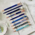 Luxury blue ballpoint pen set with crystal diamond crown pearl design for office and school. - Blue