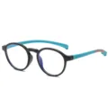 Gafas de luz azul para niños con montura redonda negra y patillas de silicona verde azulado. - Negro Mate & Azul