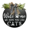 Wooden cat welcome sign with plaid bow and greenery, rustic pet door hanging decor. - Cat Tag / 30cm
