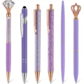 Set of 6 luxury purple ballpoint pens featuring rhinestone diamond, crown, and glitter accents. - Purple