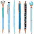 Stylish 6-piece decorative ballpoint pen set with crystal diamond and glitter in blue. - Blue