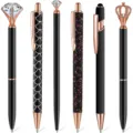 Set of 6 luxury black and rose gold ballpoint pens with crystal diamond and crown toppers. - Black