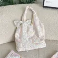 Charming pink and purple floral canvas tote bag decorated with a large white lace bow - Vest Style Bag With Lace Bow