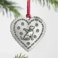 Christmas tree metal heart ornament with cute dog design and red ribbon for holiday decor. - Heart Dog
