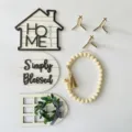 Farmhouse wooden tiered tray decor set with signs, bead garland, and mini stands for home. - Farmhouse 3-Piece Set with Beads