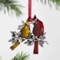 Close-up detail view of the exquisite metal cardinal Christmas tree ornament with vibrant enamel. - 2 Birds