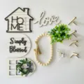 Farmhouse tiered tray decor set with wooden signs, beads and greenery for home table display. - Farmhouse Set with Beads, Love, Potted Plant and Lights