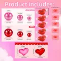 Detailed view of Valentine vase filler beads and cute heart resin charms with size dimensions. - Without Water Beads