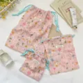 Set of three sizes of pink drawstring bags with floral embroidery and blue ties - Small (14*15) / Pink
