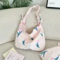 Grand sac cabas rose à motif tulipes avec bretelles plissées et texture gaufrée élégante - Style Bandoulière à Volants