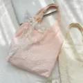 Pink floral embroidered tote bag with large lace bow for school and daily commute - Tote Bag With White Bow (6531) / Pink