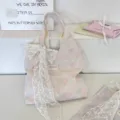 Korean style pink and blue checkered canvas tote bag with large decorative white lace bow - Vest Style Tote (With Lace Bow)