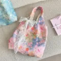 Elegant pink floral rose tote bag with white lace bow detail, Korean style shoulder bag - With White Flower Accessory / Colorful Oil Painting
