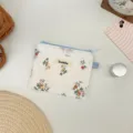 Detailaufnahme der kleinen Leinwandtasche mit Blumenmuster, Spitze und blauem Reißverschluss - Orange Kleines Blumenmuster