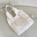 Platliggende canvas draagtas met roze en blauw patchwork ruitpatroon voor dagelijks - Vest Tas