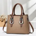Stylish khaki crocodile embossed tote bag with brown handles and silver buckles - Khaki